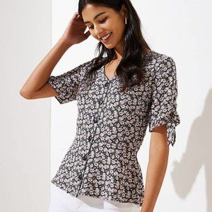 LOFT | Floral Button-Front Tie Sleeve Blouse - Size 14